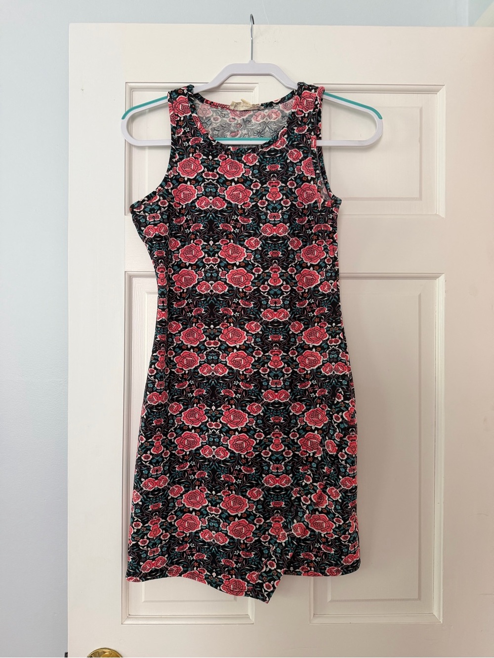 Pink Republic Black Sleeveless Dress with Pink Rose Pattern